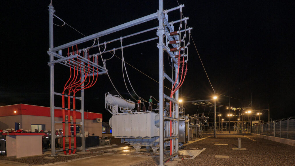 Nighttime view of electrical power infrastructure